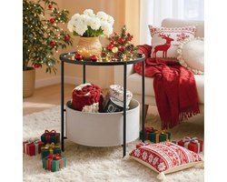 Ronde Bijzettafel met Stoffen Mand - Modern Nachtkastje voor Woonkamer en Slaapkamer