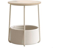 Ronde Bijzettafel met Stoffen Mand Opbergruimte Modern Nachtkastje Crèmewit LET223K67