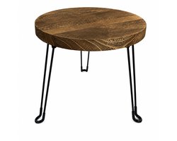 Ronde Bijzettafel Ø 50 x 37 cm – Opklapbaar Houten Tafeltje met Zwart Metalen Driepoot – Bruine Salontafel voor Woonkamer, Slaapkamer en Veranda – Bruin/Zwart