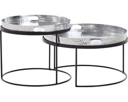 Ronde bijzettafel - set van 2 zilver-zwarte metalen bijzettafels met hamerslagafwerking - ronde salontafel met afneembaar blad - moderne 2-delige dienblad-slaapbank