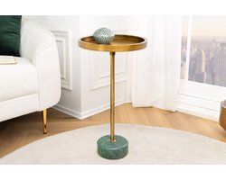 Ronde Bijzettafel TRAYFUL 60cm Messing Antiek IJzer Groen Marmeren Voet Handgemaakt - 44848