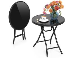 Ronde bijzettafel - Tuinmeubel Glas - Buiten Zitten - Inklapbaar Veiligheidsmechanisme - Diameter 46 cm - Zwart