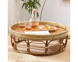 Ronde bijzettafel - Vloertafel decoratief - Koffie thee drinken - Handgeweven rotan design - 36x36cm - Natuurlijk