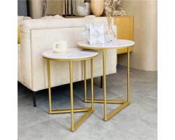 Ronde Bijzettafels - Tafeltje - Salontafels - Set van 2 - Marmerlook - Gouden Metalen Frame - Nesting Tafels - Anti-vervorming - Ruimtebesparend - Wit