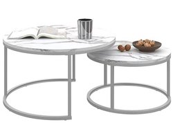 Ronde bijzettafelset van 2 - Wit en zilver - Ruimtebesparend en modern - Ø 70 + Ø 50 cm