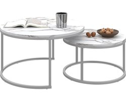 Ronde bijzettafelset van 2 - Wit en zilver - Ruimtebesparend en modern - Ø 70 + Ø 50 cm