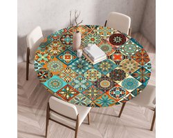 Ronde Boho Tafelkleed voor Buiten, Wasbaar en Weerbestendig, Elastisch Tafelkleed voor Tuin en Balkon, 100 cm, Decoratief en Praktisch