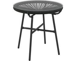 Ronde Boho Tuin Bijzettafel 50x50 cm - Rattan Salontafel met Glazen Blad en Stalen Frame voor Terras, Balkon en Veranda, Zwart