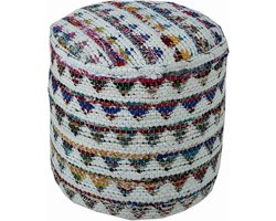 Ronde Chindi Poef Voetenbank Ø45cm - Kleurrijk Etnisch Zitkussen met Crèmekleurige Accent