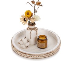 Ronde Dienblad - Houten Dienblad - Vintage Shabby Chic Uitstraling Met Parelrand - 1 - Keuken Woonkamer Decoratie - gebroken wit