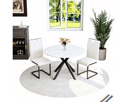 Ronde Eethoek - Marmeren Eettafel - Keukenset - Eetkamerset - Kunstleer - Sledeframe - Metaal - Slijtvast - Eetkamer - Rond - 3-Delig - Wit