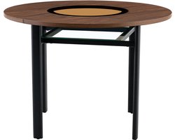 Ronde Eettafel 100 cm - Met Glas Inleg & Onderste Plank - Bruine Houtlook & Zwart Metaal Frame