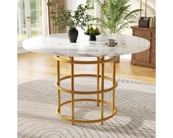 Ronde eettafel (100×100×76cm), keukentafel, ronde salontafel voor 4-6 personen, geschikt voor eetkamer, woonkamer, metalen tafelpoten, ringtafelpoten, tafelblad van gemarmerd MDF met gouden poten