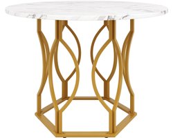 Ronde eettafel (100×100×76cm), keukentafel, ronde salontafel voor 4 personen, geschikt voor eetkamer, woonkamer, metalen tafelpoten, MDF gemarmerd tafelblad, gouden poten