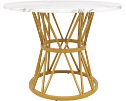 Ronde eettafel (100×100×76cm), keukentafel, ronde salontafel voor 4 personen, geschikt voor eetkamer, woonkamer, stijlvolle metalen tafelpoten, MDF marmeren tafelblad, goud