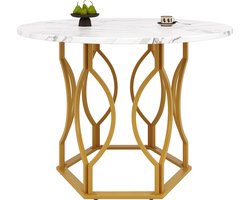 Ronde eettafel 100x100x76 cm - keukentafel - salontafel - marmeren look tafelblad - gouden zeshoekige tafelpoten