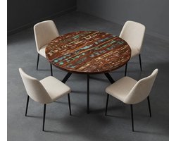 Ronde Eettafel 110 cm Massief Gerecycled Hout - Industriële Vintage Eetkamertafel met IJzeren Onderstel - Uniek Handgemaakt Houten Tafelblad - Keukentafel & Eettafel 4 Personen - Ganeey