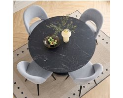 Ronde Eettafel 115 cm met 4 Stoelen – Marmerlook MDF Tafelset met Gestoffeerde Stoelen | Moderne 5-delige Eetkamerset voor Keuken & Woonkamer – Ganeey