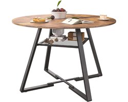 Ronde Eettafel 120 cm - Houten Tafelblad met Metalen Voet voor 4-6 Personen - Multifunctionele Tafel voor Keuken, Woonkamer, Kantoor, Café, Restaurant - Bruin en Zwart - Opbergrek Onder Tafel - 120 kg Draagvermogen