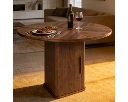 Ronde Eettafel 120 cm met Opbergruimte en Schuifdeur – Houten Eetkamertafel met 2-laags Opbergplank, Moderne Ruimtebesparende Tafel voor Keuken & Woonkamer – Okkernoot – La