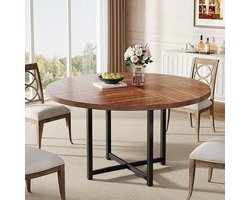 Ronde Eettafel 120 cm – Modern Houten Keukentafel met Gekruiste Metalen Poten – Kleine Eettafel voor 4-6 Personen – Rustiek Bruin, Stevig en Duurzaam voor Eetkamer, Keuken en Woonkamer Depauwwonen