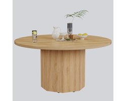Ronde Eettafel 120 cm – Moderne Keukentafel voor 4-6 Personen met Eikenhout Marmerlook MDF Tafelblad en Achthoekige Metalen Basis – Eetkamertafel voor Woonkamer en Keuken – Licht Eiken | HSH