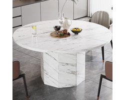 Ronde Eettafel 120 cm – Moderne Keukentafel voor 4-6 Personen met Marmerlook MDF Tafelblad en Achthoekige Metalen Basis – Design Eettafel voor Woonkamer en Eetkamer – Wit | HSH