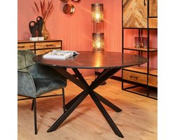 Ronde Eettafel 150 cm – Zwart Marmer Look Eetkamertafel met Industriële Kruispoot, Luxe Grote Tafel voor 6-8 Personen – Laura