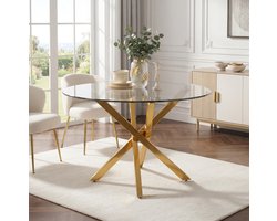 Ronde eettafel 80 cm – gehard glazen blad en gouden metalen X-onderstel