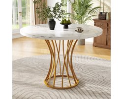 Ronde eettafel (80 x 80 x 76 cm), lichte en luxe ronde tafel voor 4-6 personen, geschikt voor eetkamer en woonkamer, MDF gemarmerd tafelblad, gouden poten