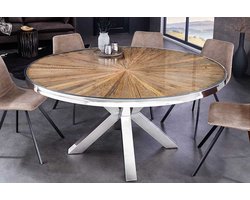 Ronde eettafel BARRACUDA 120cm bruin teakhout massief hout glazen blad zilver RVS verchroomd - 43622