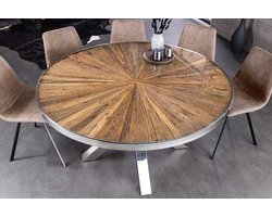 Ronde eettafel BARRACUDA 140cm bruin teakhout massief hout glas zilver RVS verchroomd - 43623