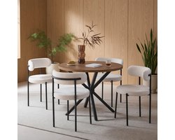 Ronde Eettafel Donker Hout + 4 Witte Teddy Bouclé Stoelen - Moderne Eethoek voor 4 Personen - Keuken & Woonkamer Set - Ganeey