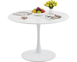 Ronde Eettafel - Eettafel Rond Keuken - Gezellig Tafelen Thuis - Met Stabiele Metalen Voet - 110 cm Diameter - Wit
