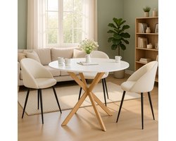 Ronde eettafel “Elegance” 110 cm – 6 personen – Massief Beukenhout Spiderpoten – Witte Houten Blad – Moderne Scandinavische design tafel voor Woonkamer en Keuken Casa Serena