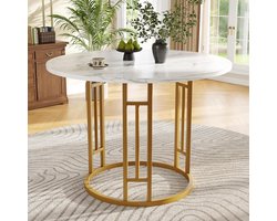 Ronde Eettafel - Keukentafel Bistro - Kleine Ruimtes - Marmerlook Blad - 80 cm - Wit Goud