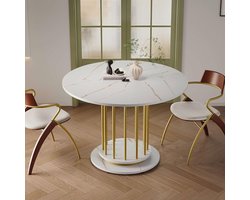 Ronde Eettafel - Keukentafel Marmer - Gezellig Tafelen - Marmer Effect - 110 cm Diameter - Wit Goud