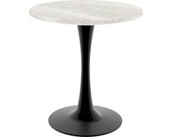 Ronde Eettafel - Kleine Eettafel - Marmerlook Tafel - Bistrotafel - Wit Geaderd - Modern - Stevig - Keuken - 70x70x72 cm - 2 tot 4 Personen - Zwart