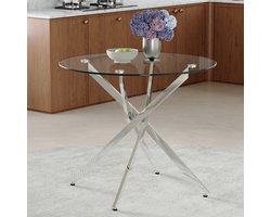Ronde eettafel- luxe maar lichtgewicht ontwerp - 88 cm - eenvoudig tafelblad van gehard glas - zilverkleurig metalen frame - glazen tafelblad, metalen poten - geschikt voor kleine appartementen, huizen en eetkamers - biedt plaats aan 2 tot 4 personen