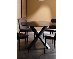 Ronde Eettafel Lynn 150 cm Zwart Marmer - Luxe Eetkamertafel met Kruispoot Industrieel - Grote Marmeren Tafel voor 6-8 Personen - Eethoek Steen Blad - Ganeey