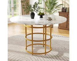 Ronde Eettafel Marmerlook 100 cm voor 4-6 Personen - Met Gouden Metalen Onderstel