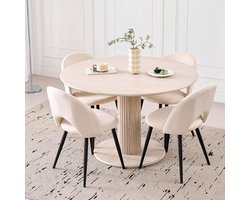 Ronde Eettafel met 4 Beige Stof Eetkamerstoelen - Inclusief Placemat met Travertijn Look