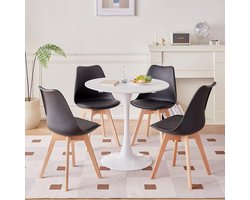 Ronde eettafel met 4 stoelen - 80cm - witte tafel met grijze, zwarte of witte stoelen - MDF tafelblad - metalen frame - PU leer zitting - voor woonkamer, keuken, kantoor