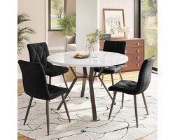 Ronde Eettafel met 4 Stoelen Marmer Look Zwart Metaal Onderstel