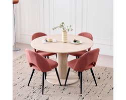 Ronde eettafel met 4 stoelen, placemat (gele travertijn-textuur) en eetkamerstoelen voor keuken, restaurant en kantoor (roze + beige)