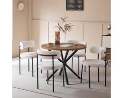 Ronde Eettafel met 4 Teddy Bouclé Eetkamerstoelen – Moderne Eetkamerset met Donkerhouten Tafelblad en Witte Gestoffeerde Stoelen, Comfortabele Keukentafel voor Woonkamer, Eetkamer, Balkon en Kantoor, 100 x 100 x 76,5 cm