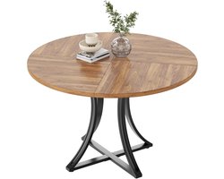 Ronde Eettafel Ø 100 cm - Industrieel Design - Keukentafel voor 2 tot 4 Personen - Houtlook Tafelblad met Metalen Kruispoot - Bruin / Zwart