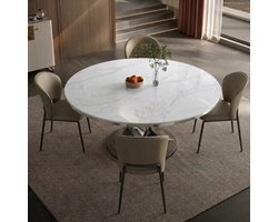 Ronde Eettafel Ø 150 cm - Marmerlook - Koolstofstalen Onderstel - Glanzende afwerking - Onderhoudsvriendelijk - Sintered Stone (Keramiek) 12mm met Metalen Rand - Krasbestendig en Hittebestendig - Geschikt voor 4 tot 6 Personen - Sneeuwwit