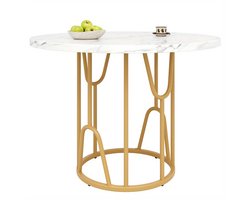 Ronde Eettafel – Ronde Tafel – Eetkamertafel – Keukentafel – Tafel – MDF Marmeren Blad – Gouden Metalen Poot – 80x80x76 cm – Voor 4-6 Personen