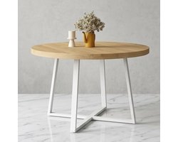 Ronde Eettafel Selma Ø110 cm - Hout & Wit - Moderne Keukentafel voor 4-6 personen - Scandinavische Eetkamertafel met Metalen Onderstel - Perfect voor Keuken & Woonkamer Casa Serena